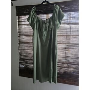 Women Plus Size Puff Sleeve Knot Front Split Thigh Length Green Dress - 4XL